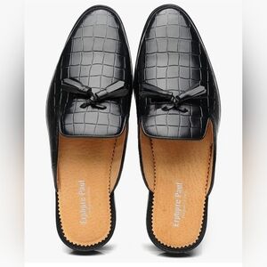 Mens Black Backless Loafers Genuine Leather Mules #1223